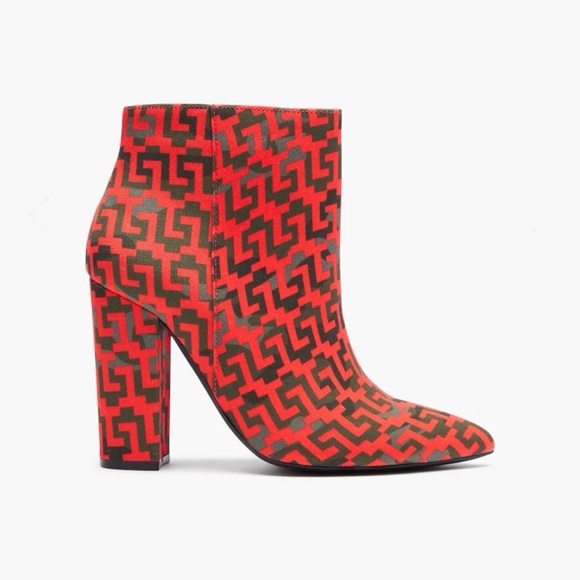 🆕 Red Zigzag Pattern Block Heel Pointy Toe Bootie in Red Logo - Picture 2 of 5